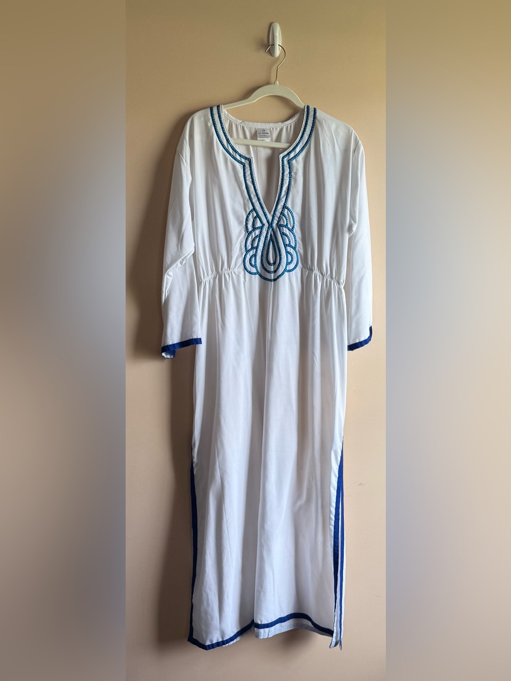 White Maxi Tunic Dress with Blue Embroidered Neckline